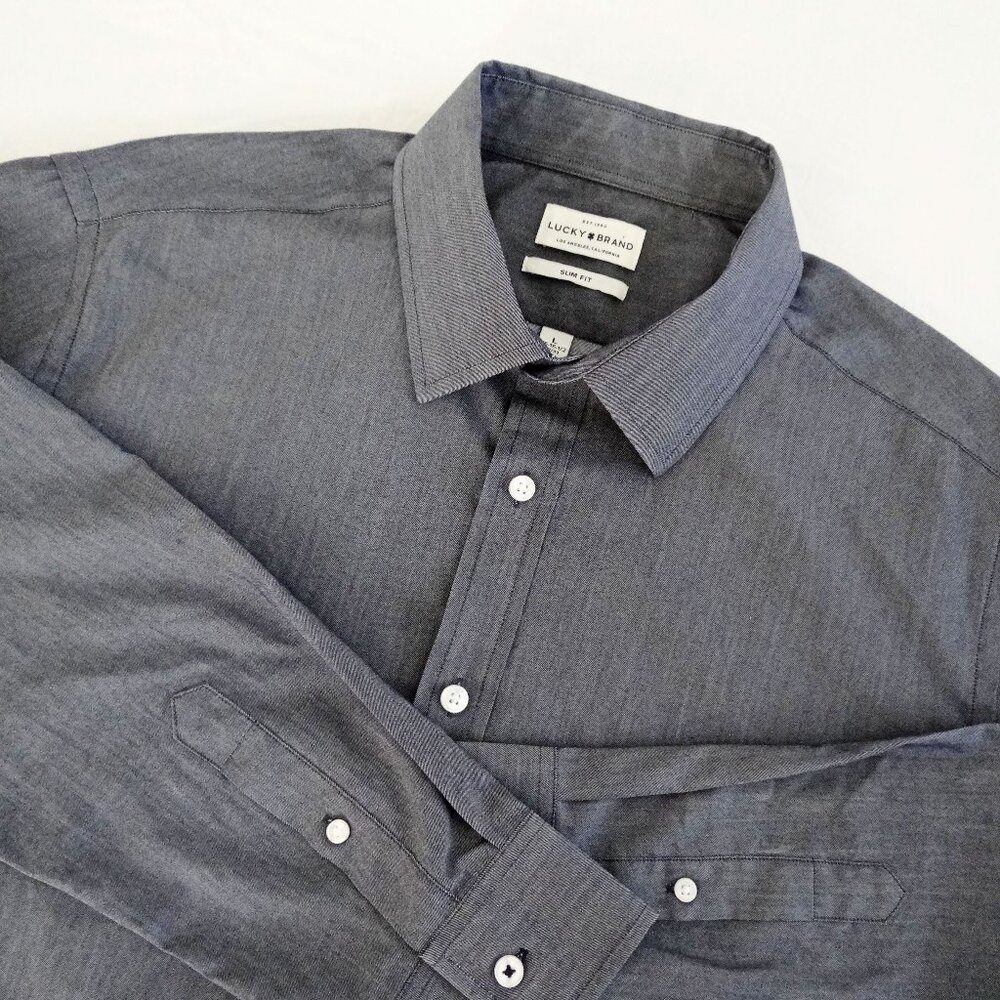 LUCKY BRAND Men's L 16/16.5, 32/33 Slim Fit Long Sleeve Shirt Blue/Gray Heather